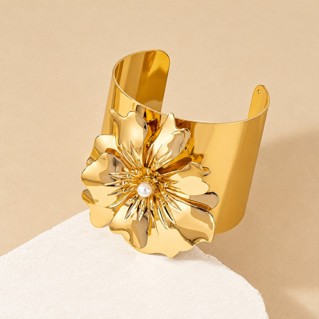 Classy Gold Floral Open Cuff Bracelet