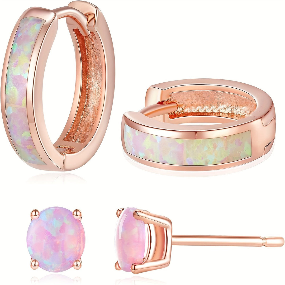 Dainty Rose Opal Huggie & Stud Earring Set