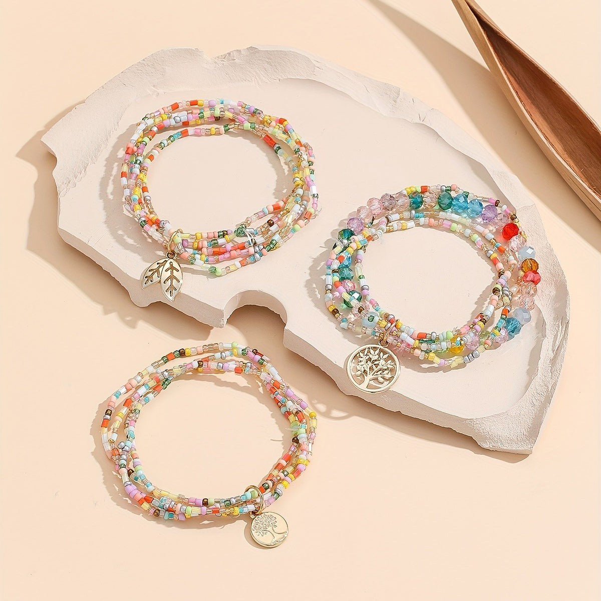 Boho Colorful Bead Tree of Life Anklet Set