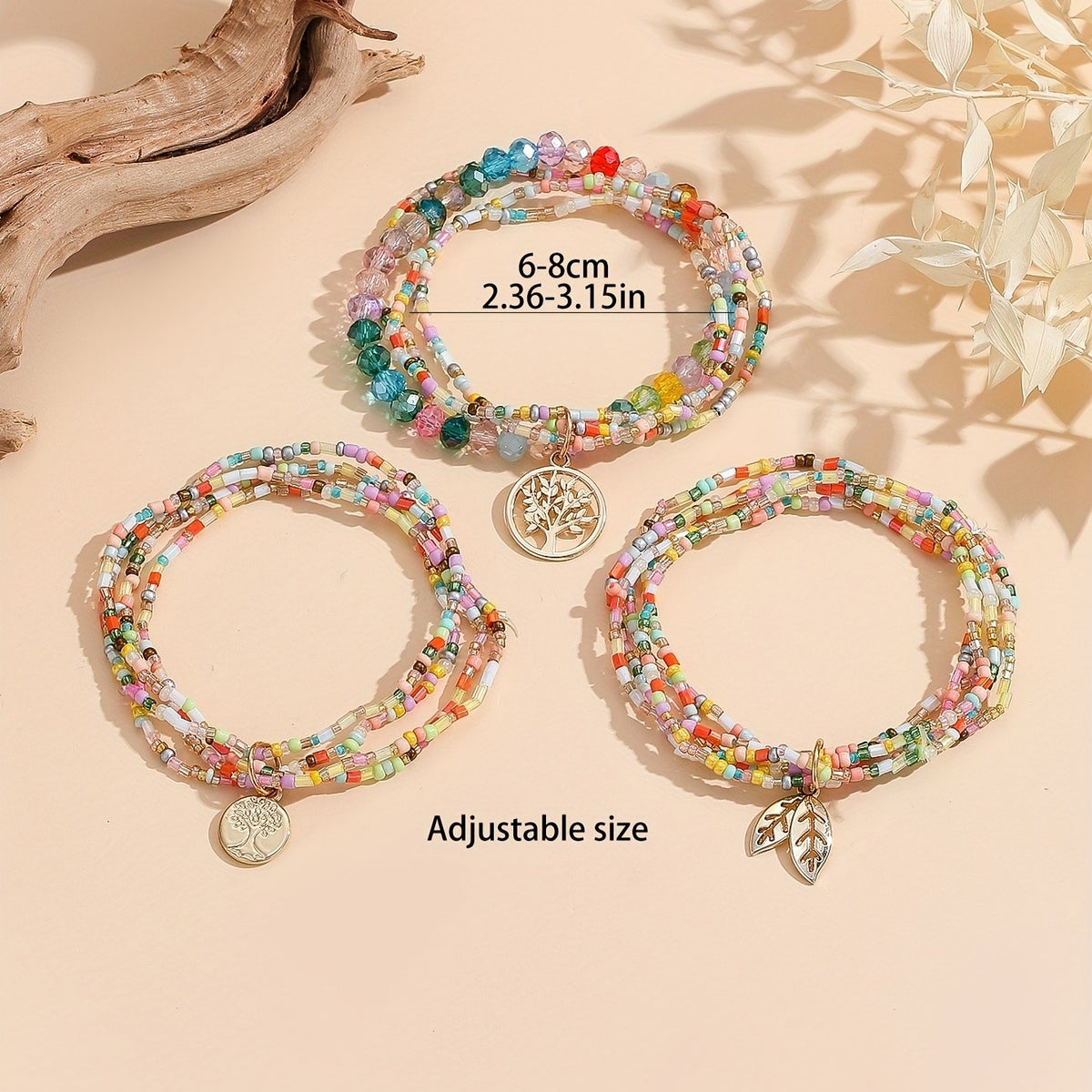 Boho Colorful Bead Tree of Life Anklet Set