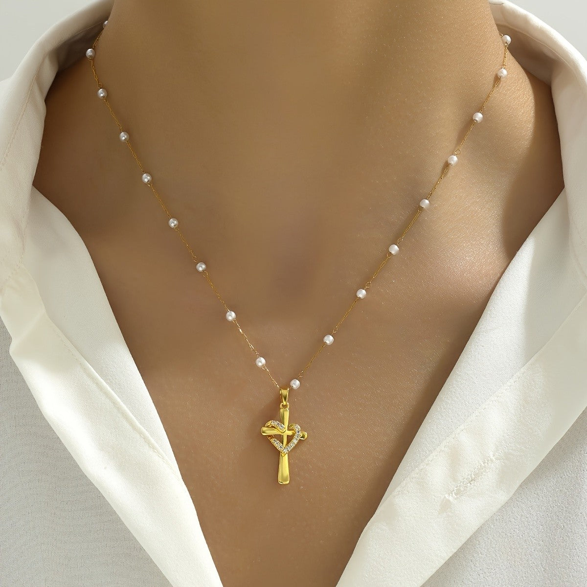 18k Dainty Pearl Cross Necklace