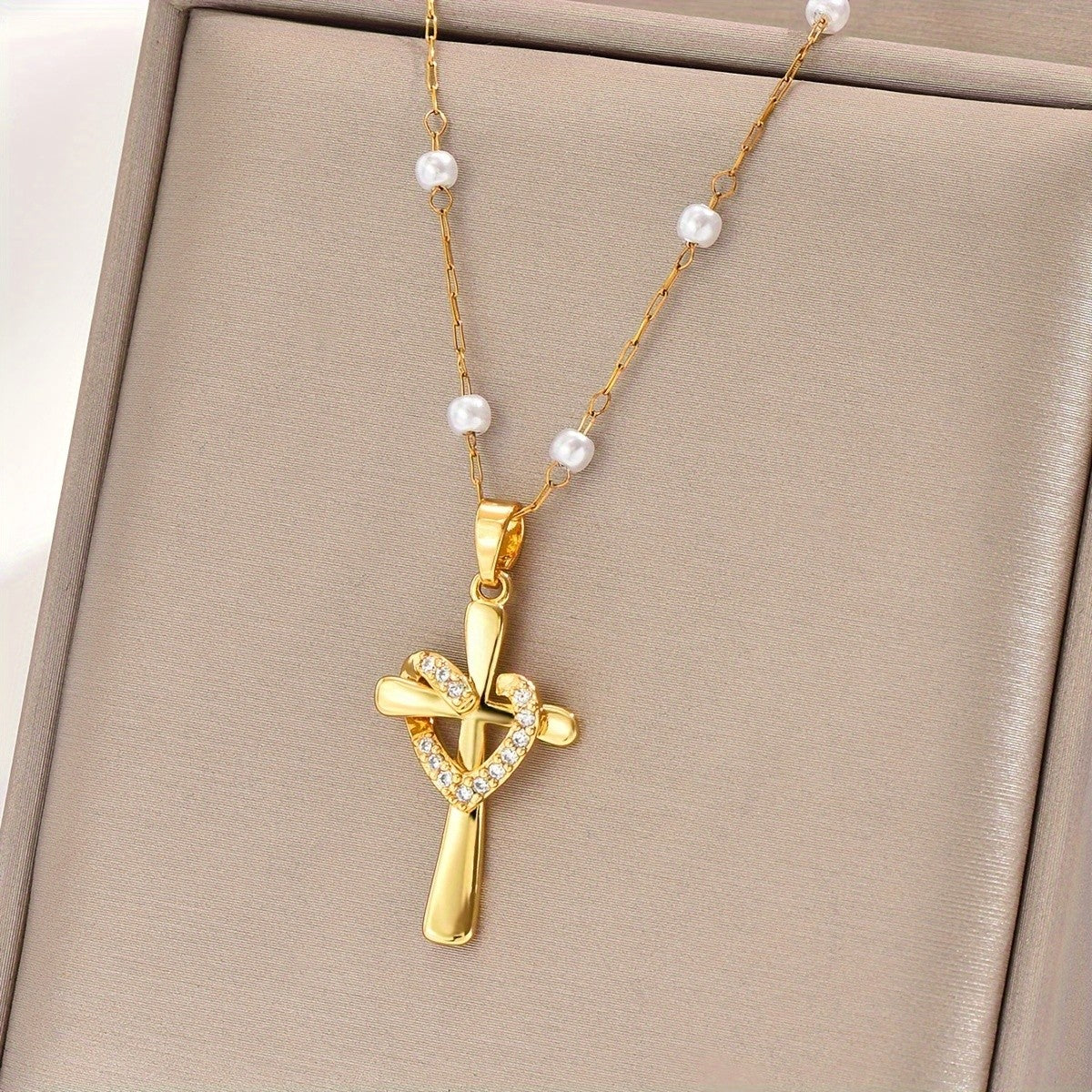 18k Dainty Pearl Cross Necklace