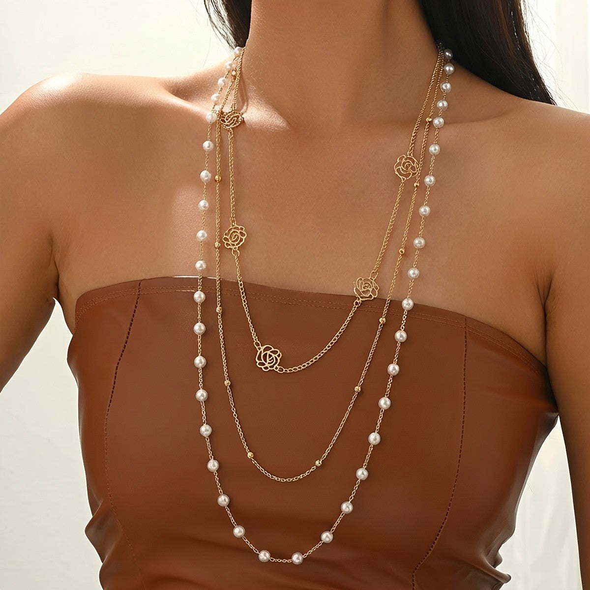 Elegant Layered Rose Pearl Necklace