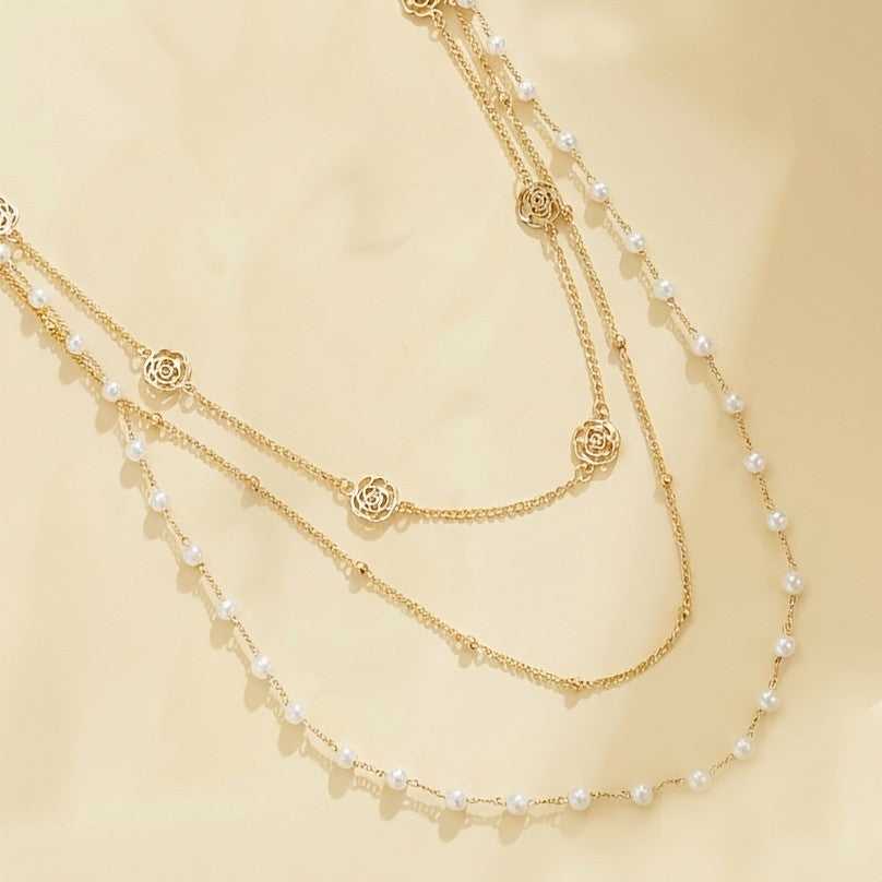 Elegant Layered Rose Pearl Necklace