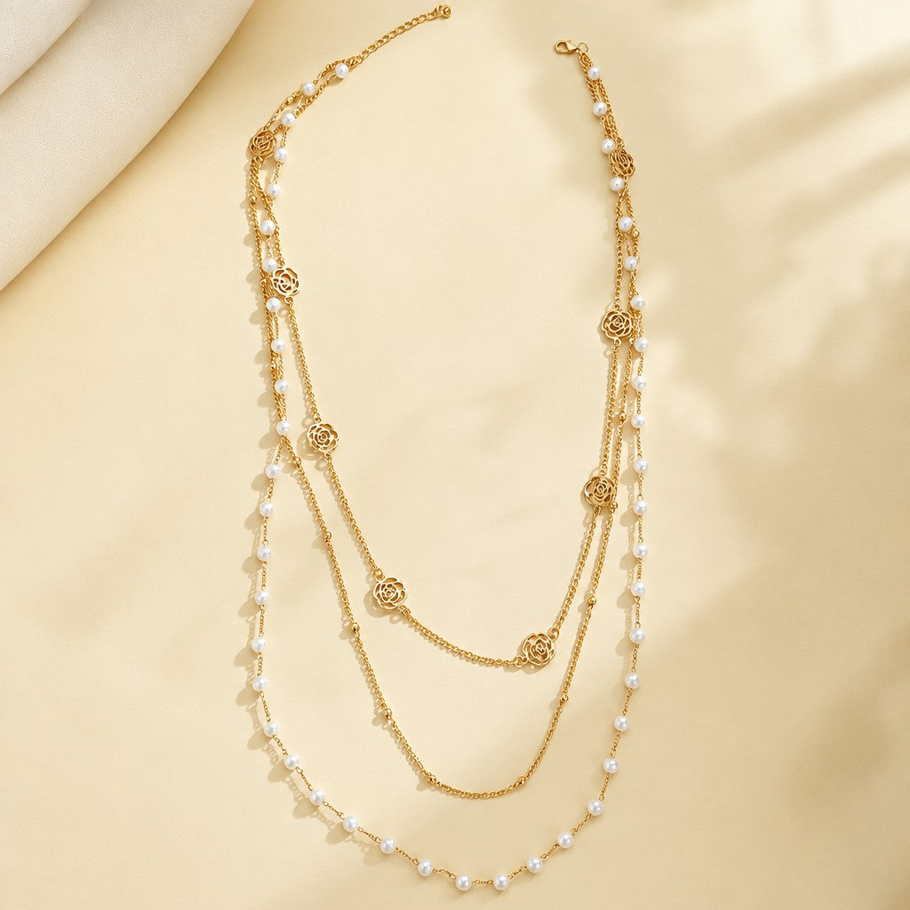 Elegant Layered Rose Pearl Necklace