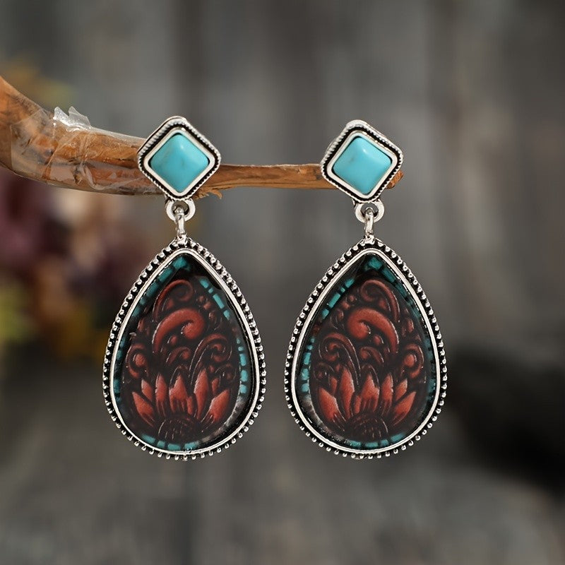 Boho Vintage Carved Turquoise Drop Earrings