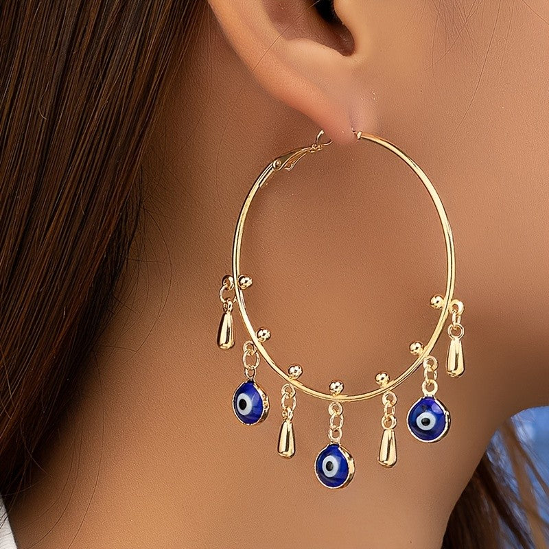 Boho Evil Eye Drop Hoop Earrings