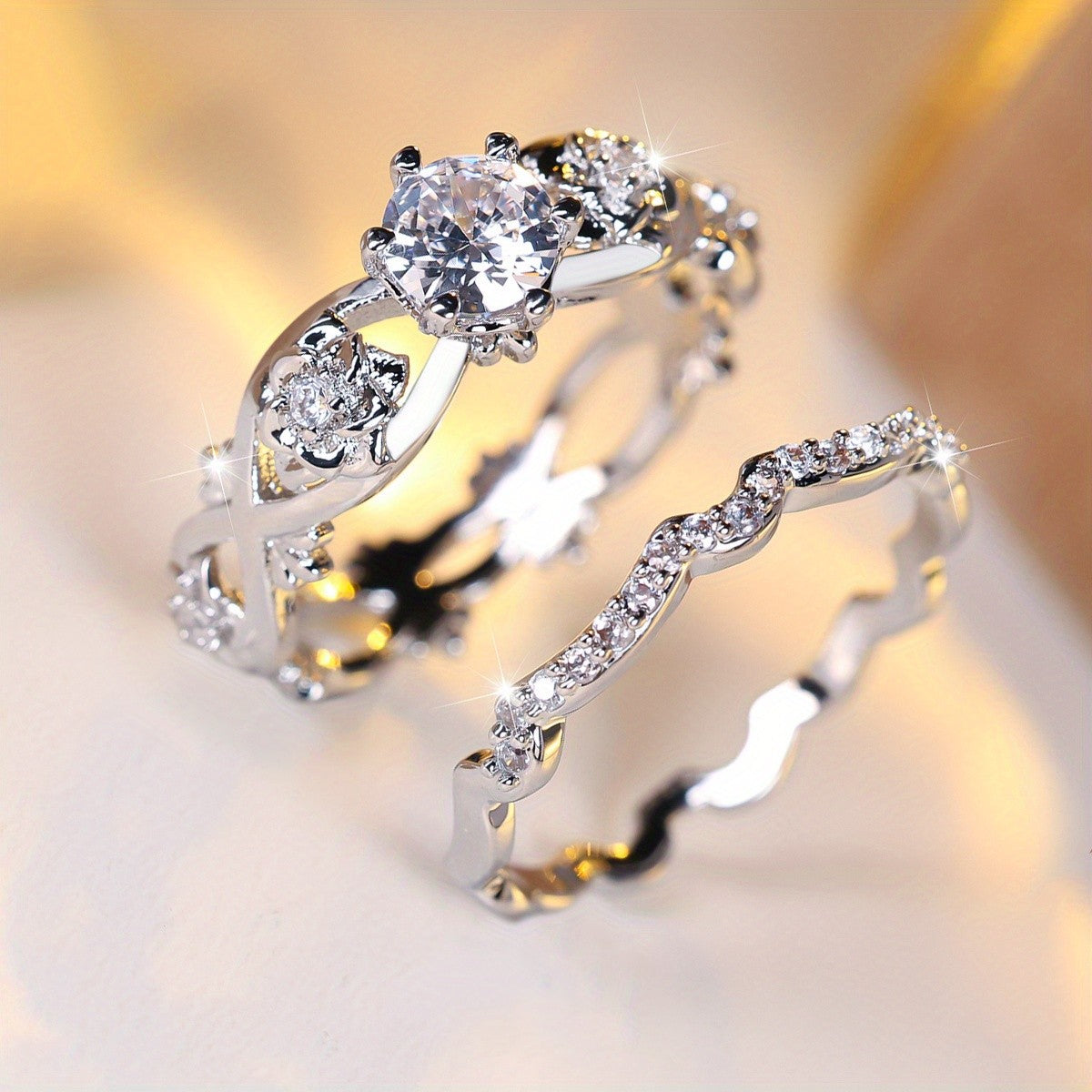 Romantic Floral Wave Zirconia Ring Set