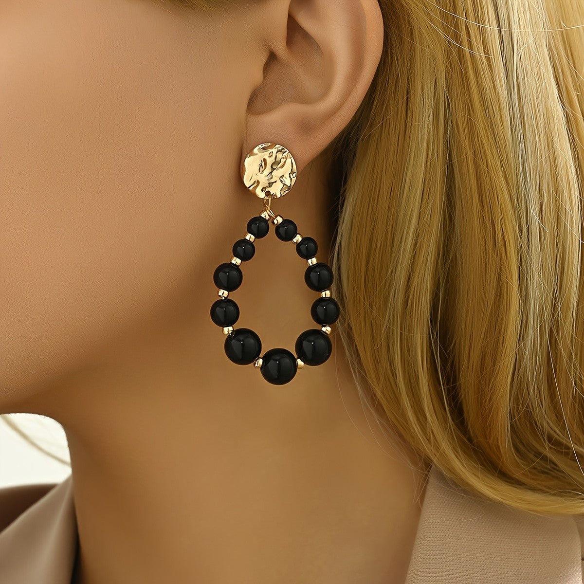 Classy Black Bead Open Hoop Earrings