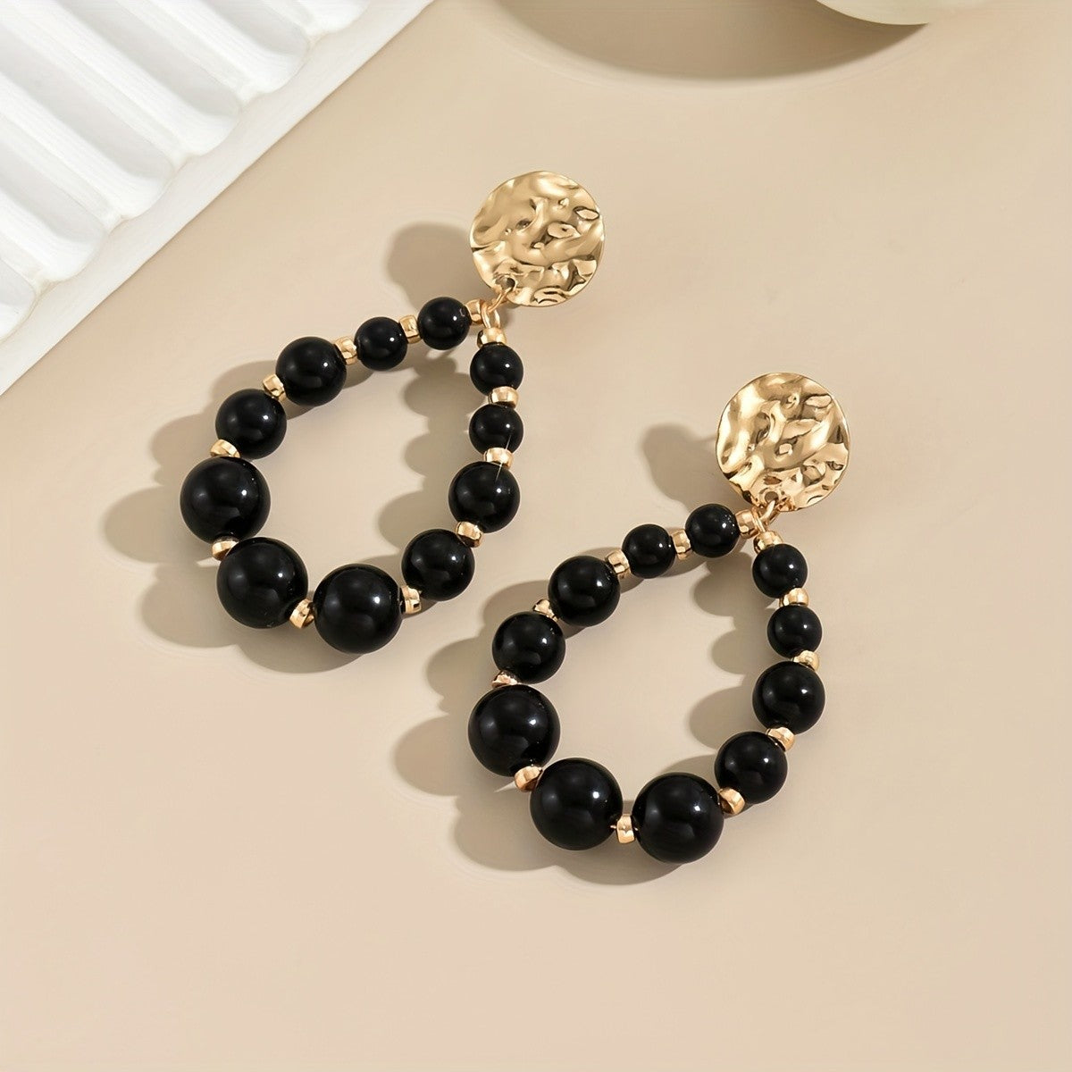 Classy Black Bead Open Hoop Earrings