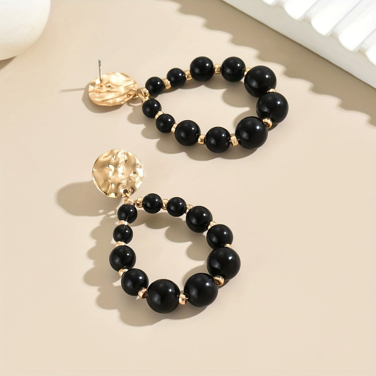 Classy Black Bead Open Hoop Earrings