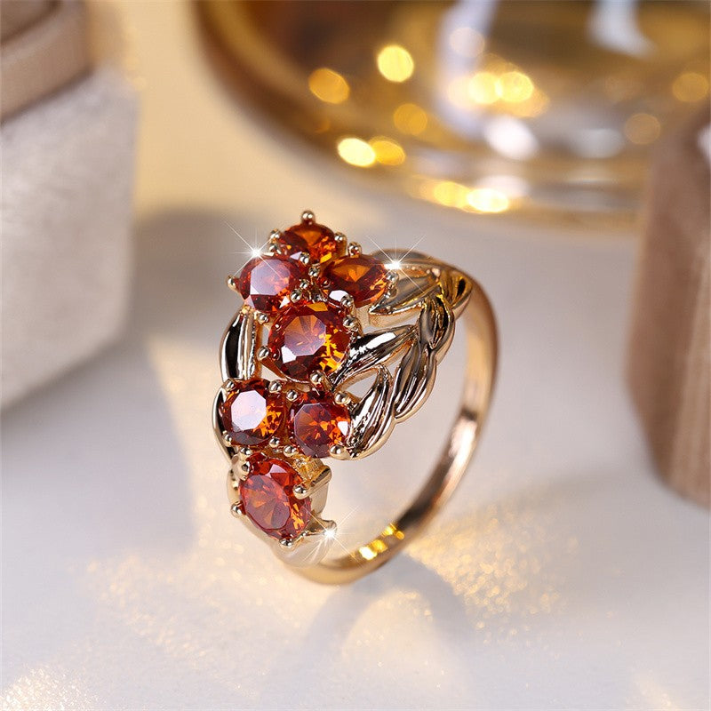 Romantic Red Zircon Leaf Cluster Ring