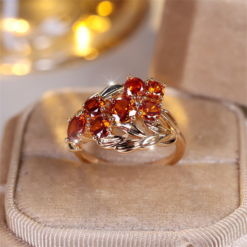 Romantic Red Zircon Leaf Cluster Ring