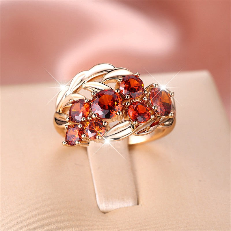 Romantic Red Zircon Leaf Cluster Ring