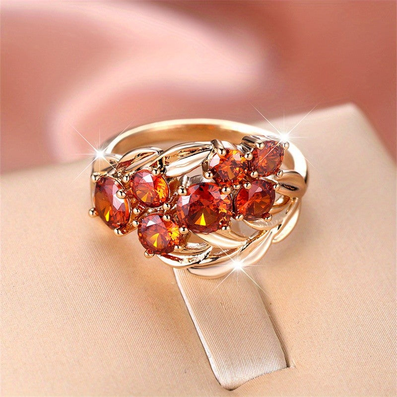 Romantic Red Zircon Leaf Cluster Ring