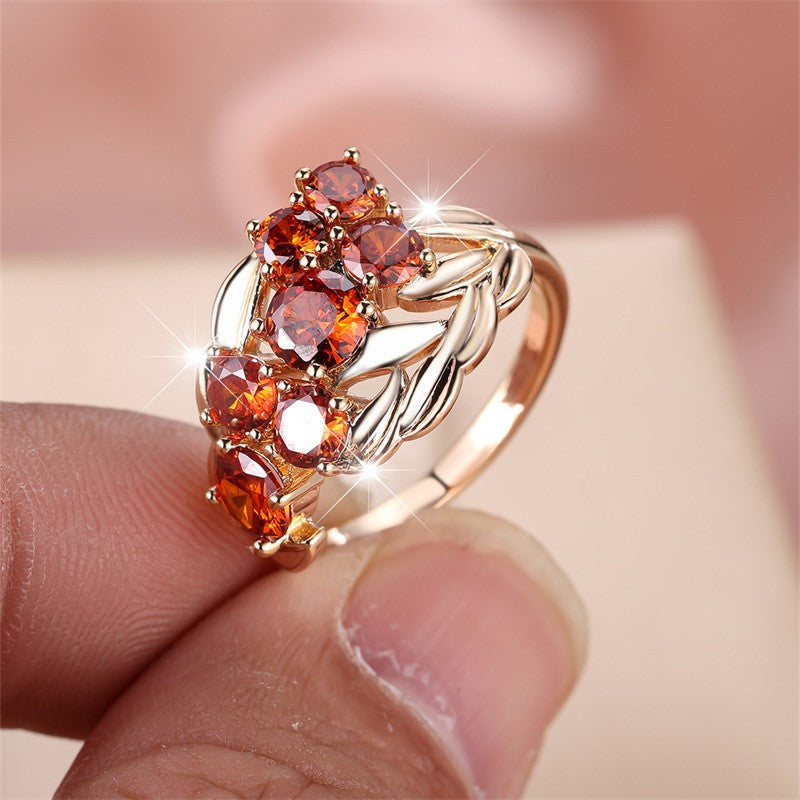 Romantic Red Zircon Leaf Cluster Ring