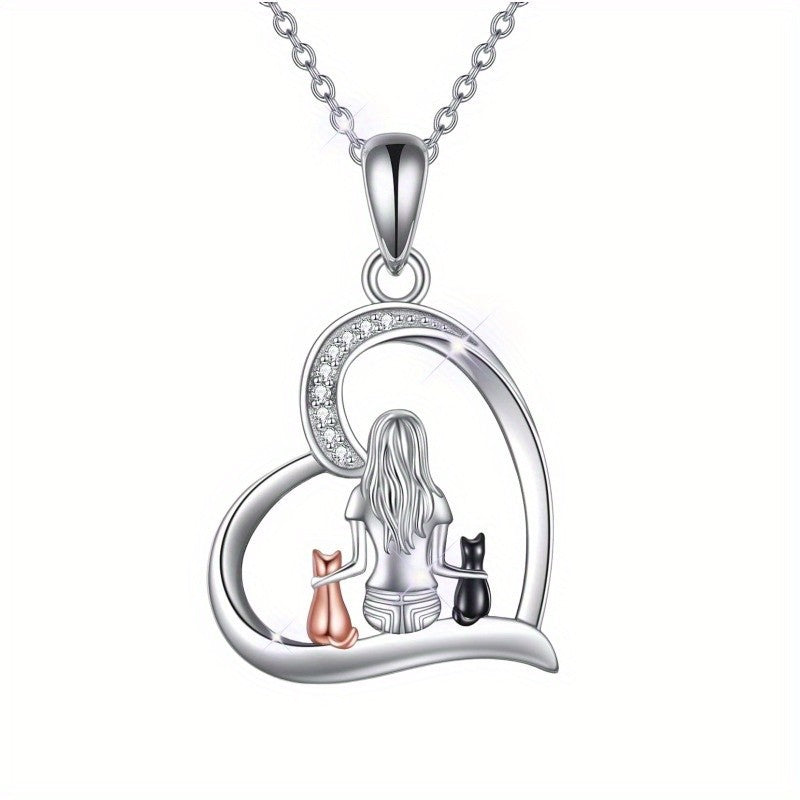 Romantic Girl And Cats Heart Necklace