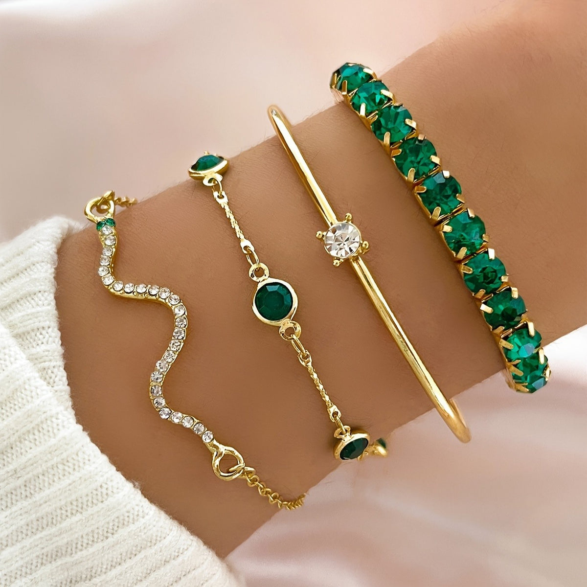 4pc Elegant Green Gemstone Bracelet Set