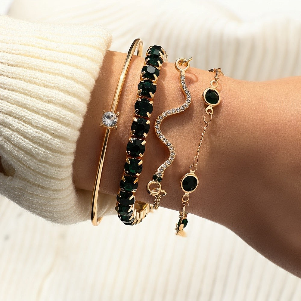 4pc Elegant Green Gemstone Bracelet Set