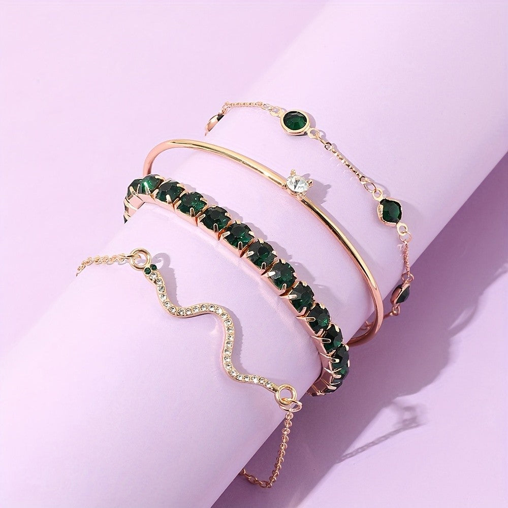 4pc Elegant Green Gemstone Bracelet Set