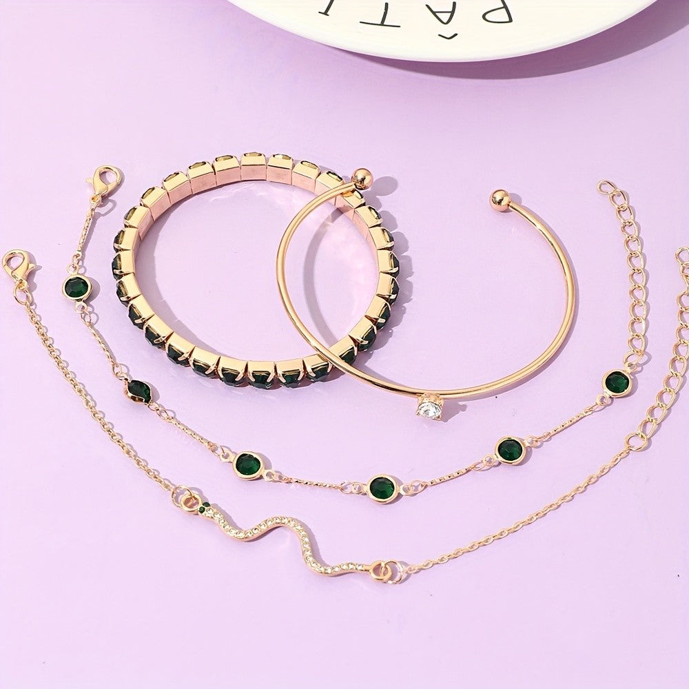 4pc Elegant Green Gemstone Bracelet Set