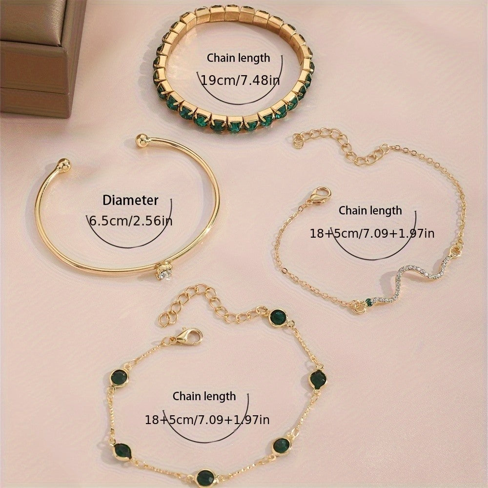 4pc Elegant Green Gemstone Bracelet Set