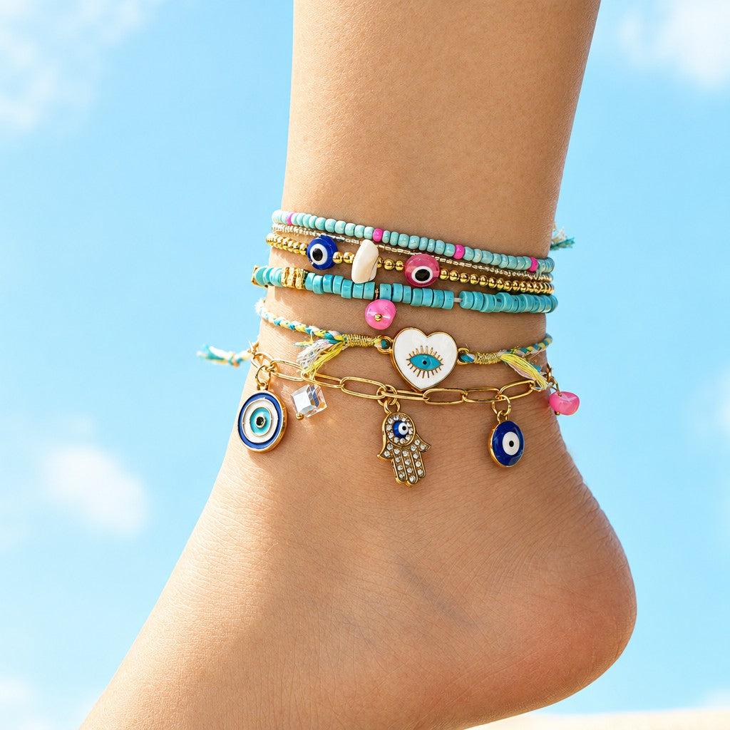 6pc Boho Turquoise Evil Eye Anklet Set