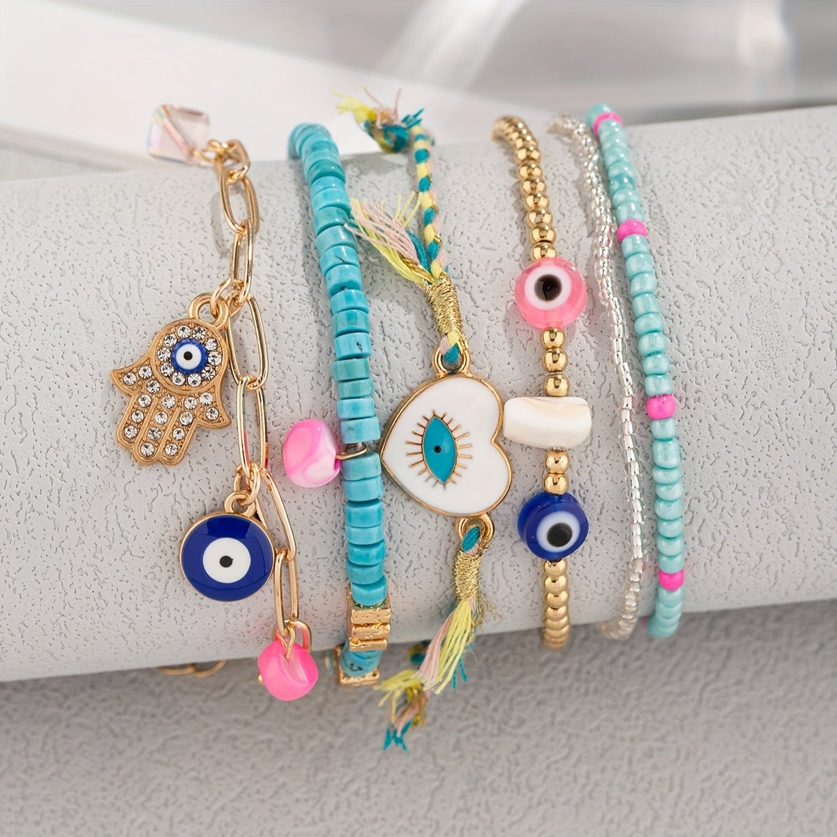 6pc Boho Turquoise Evil Eye Anklet Set