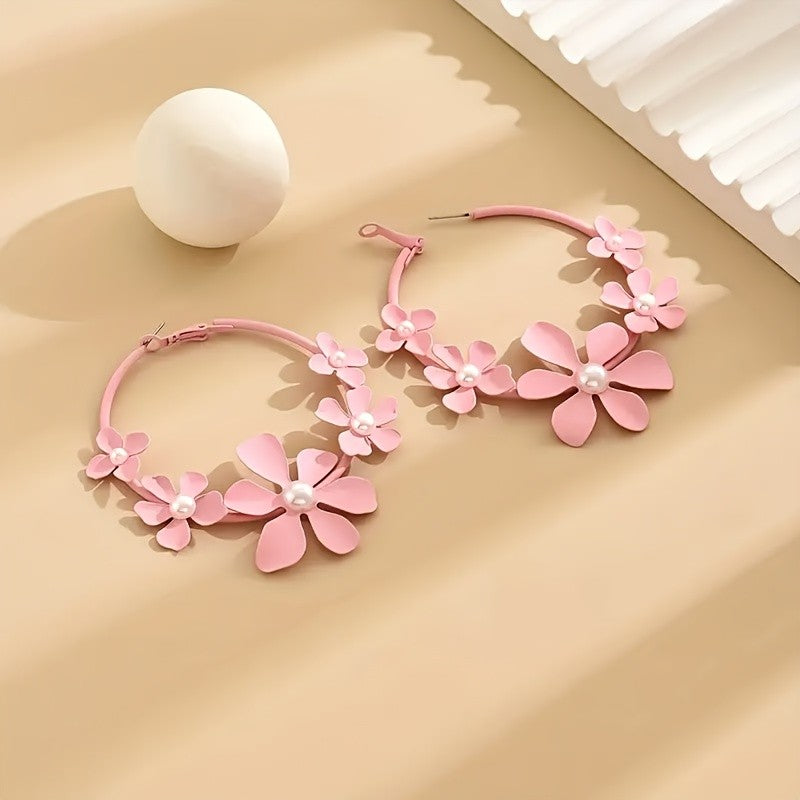 Romantic Pink Floral Pearl Hoop Earrings