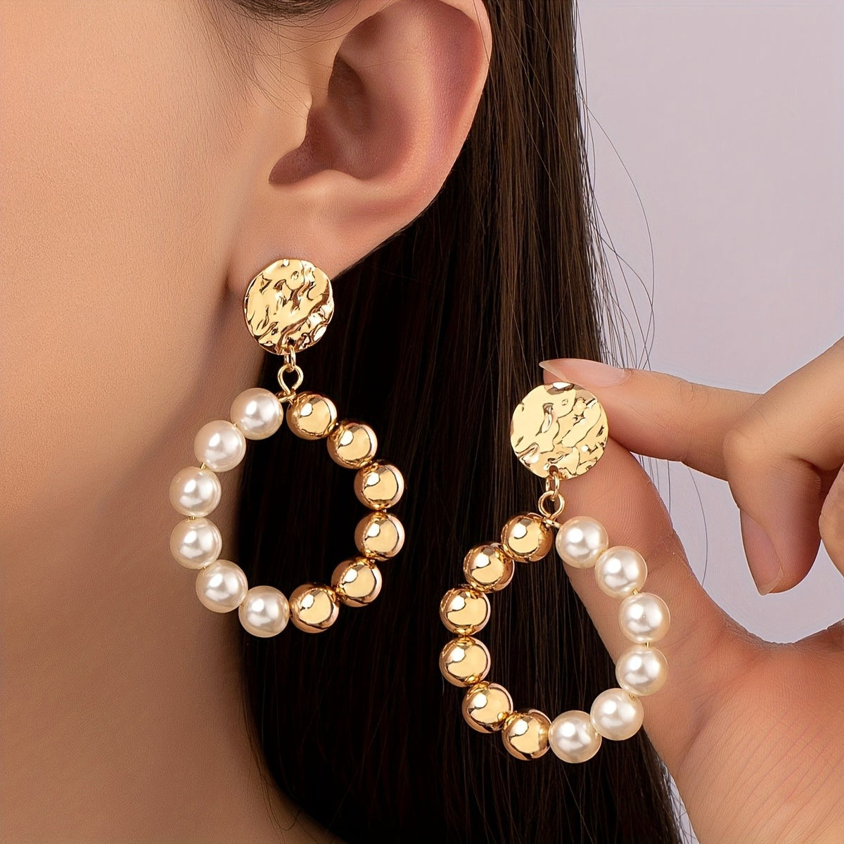 Classy Textured Disc Pearl Hoop Earrings