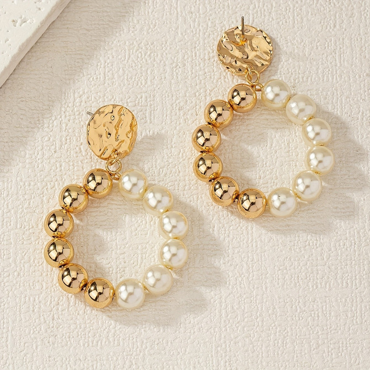 Classy Textured Disc Pearl Hoop Earrings