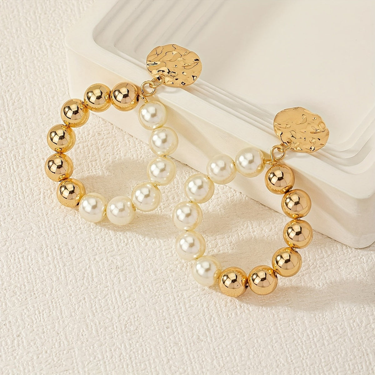Classy Textured Disc Pearl Hoop Earrings