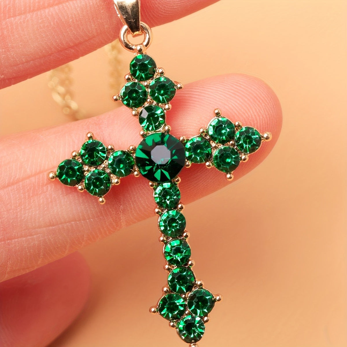 Elegant Green Crystal Cross Necklace