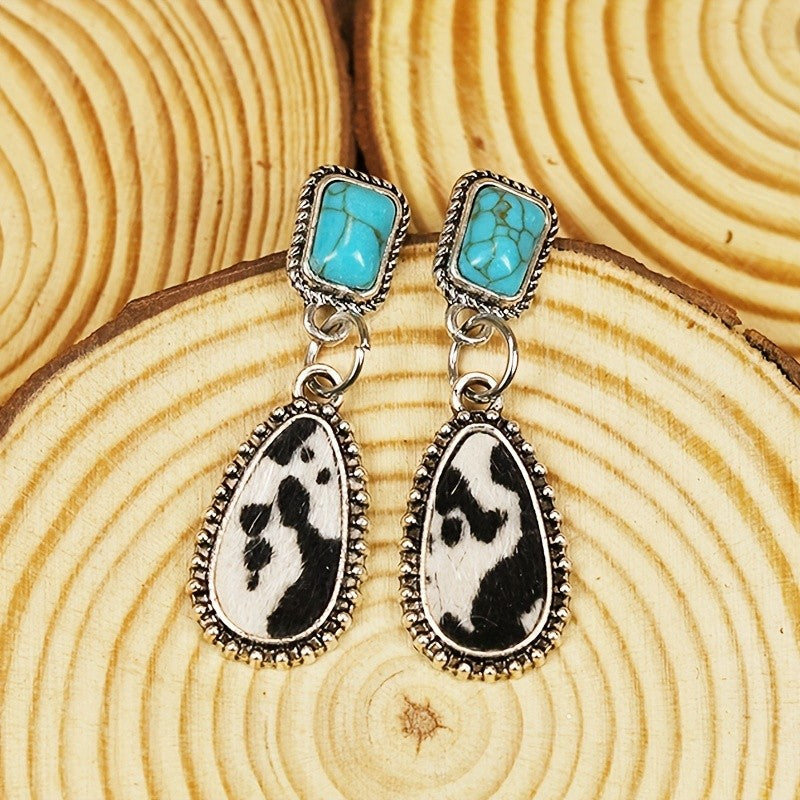 Boho Vintage Turquoise Cow Print Drop Earrings