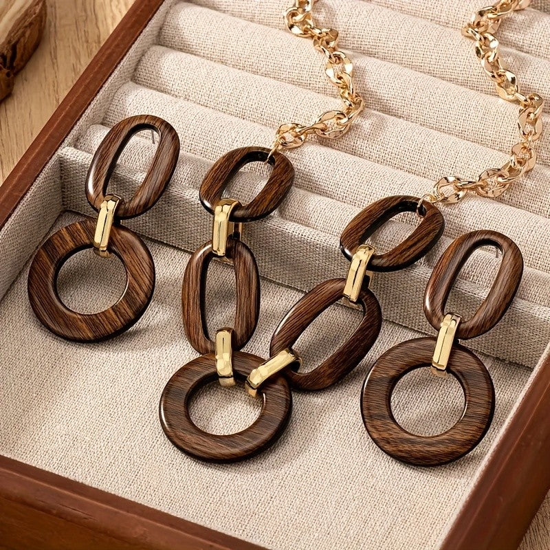 Classy Geometric Wood Link Necklace & Earring Set
