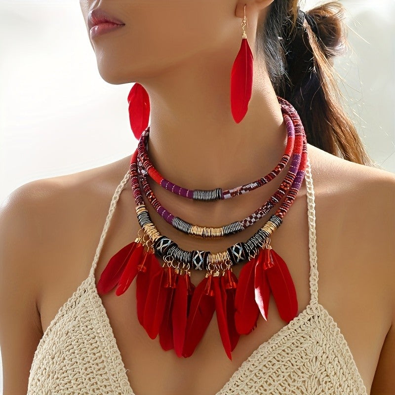 Boho Layered Feather Necklace & Earring Set