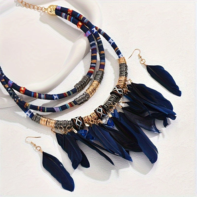 Boho Layered Feather Necklace & Earring Set