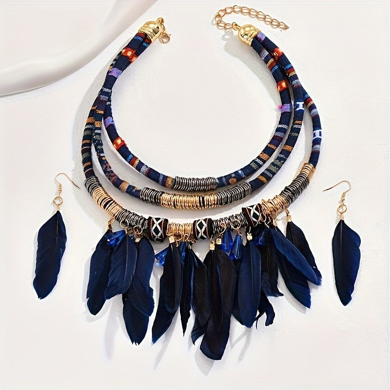 Boho Layered Feather Necklace & Earring Set