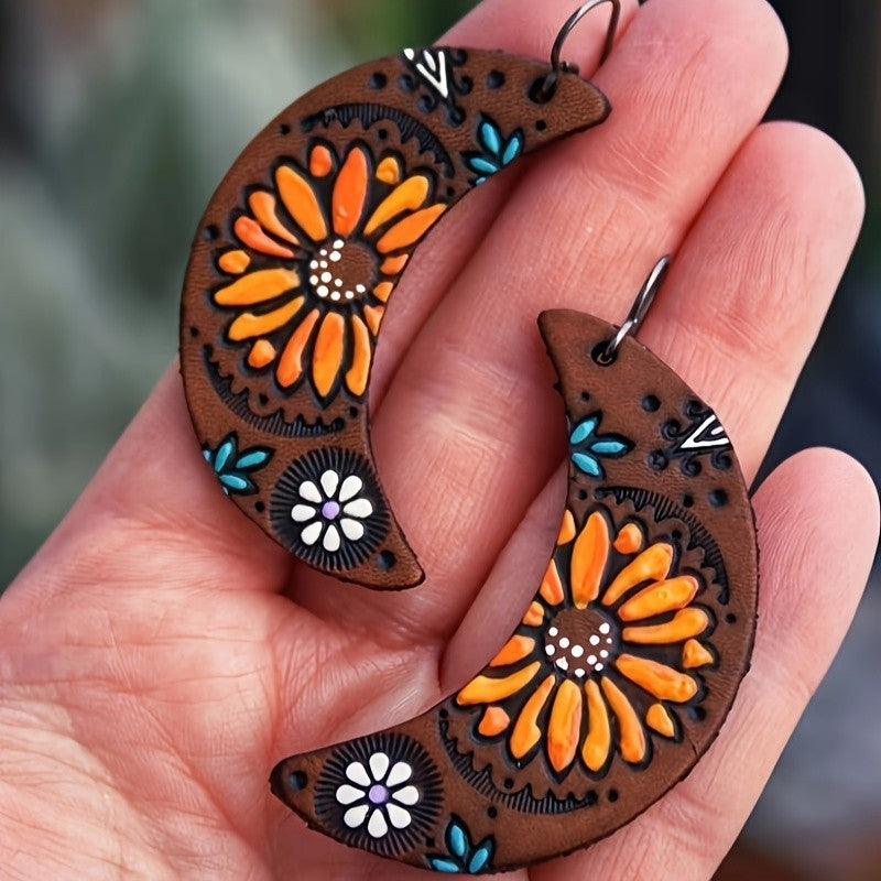 Boho Vintage Floral Crescent Moon Earrings