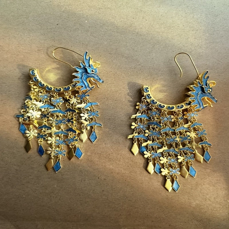 14k Elegant Blue Dragon Earrings