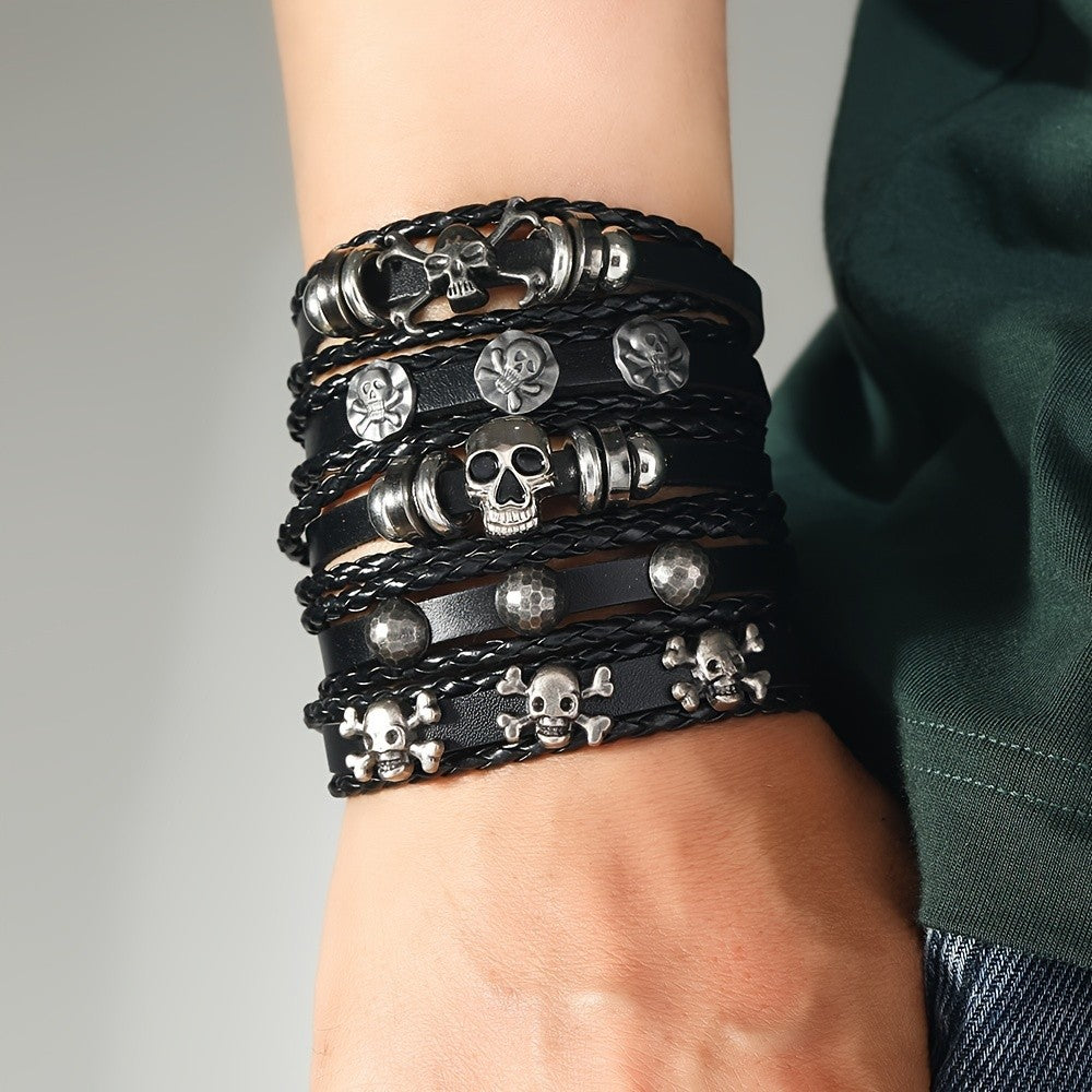 5pc Vintage Woven Skull Bracelet Set
