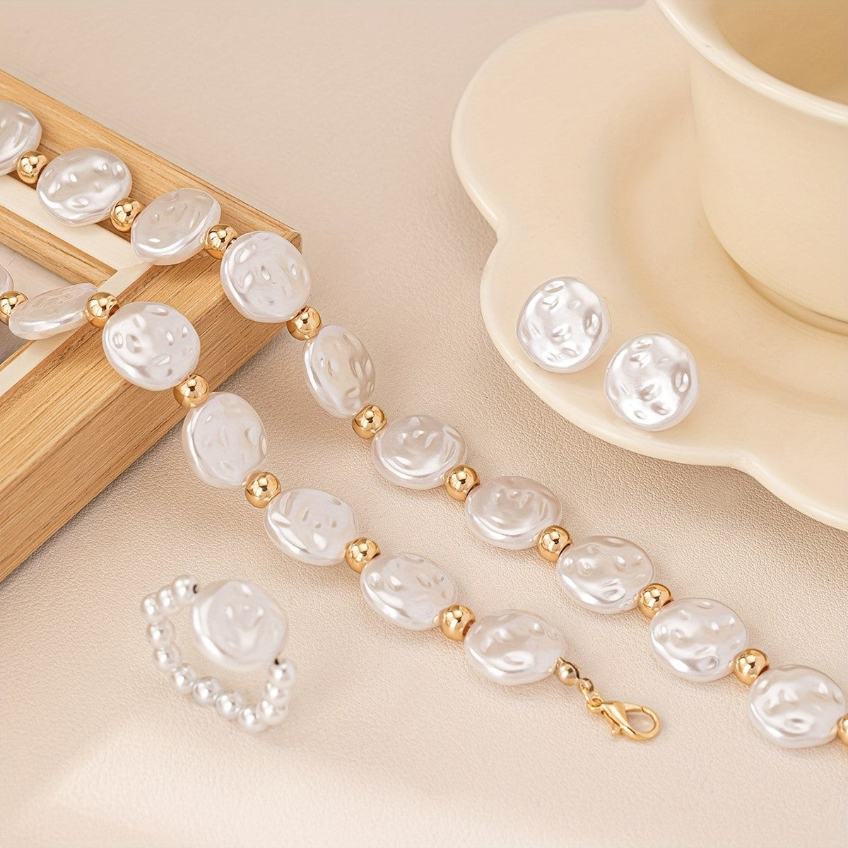 Classy Irregular Pearl Necklace, Ring & Earring Set