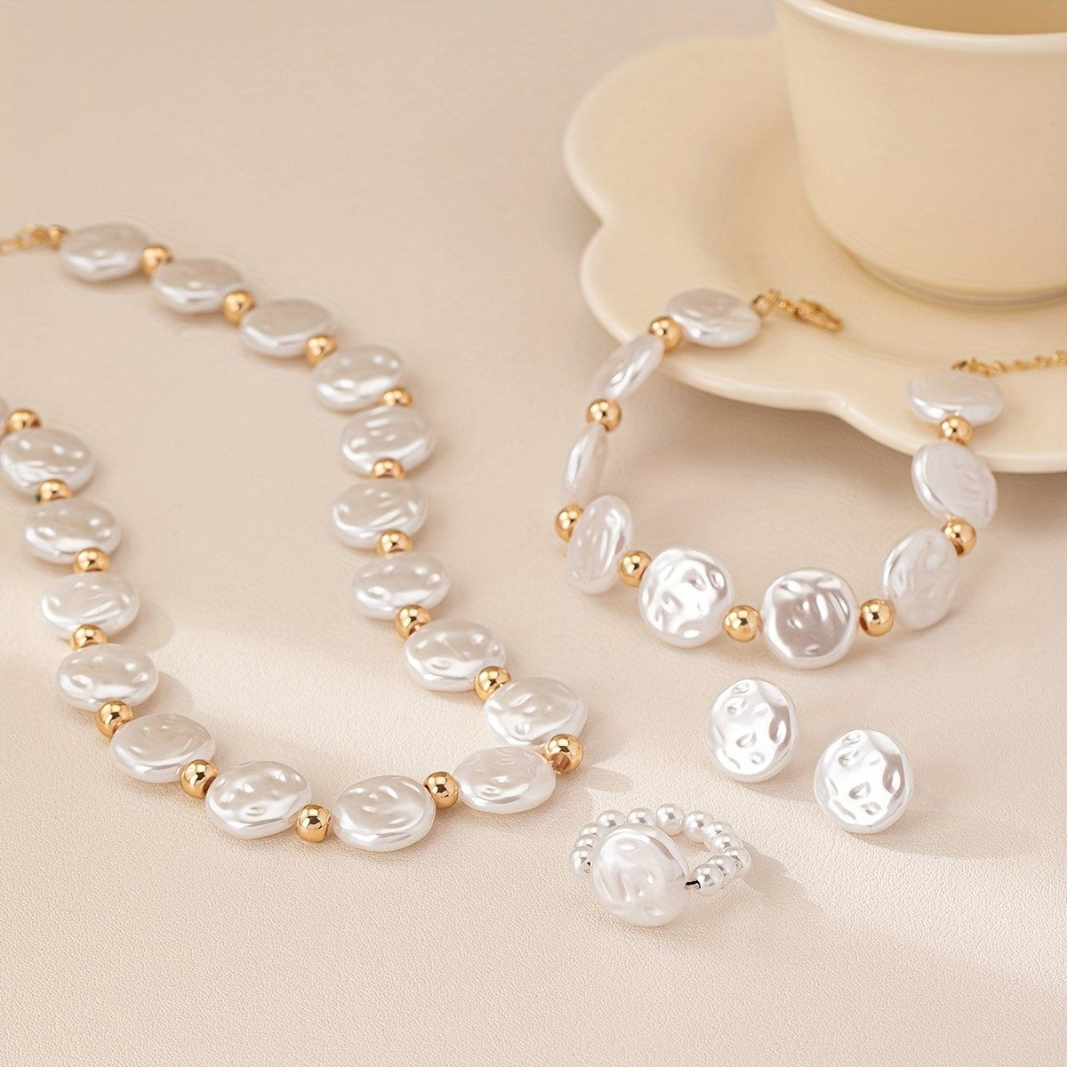 Classy Irregular Pearl Necklace, Ring & Earring Set