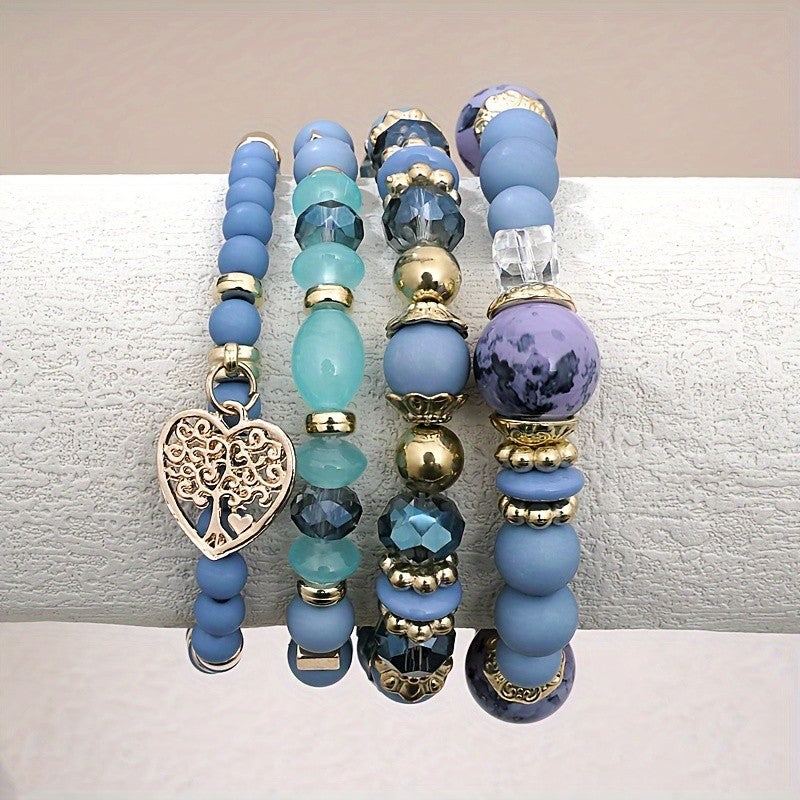 Boho Blue Bead Tree of Life Bracelet Set