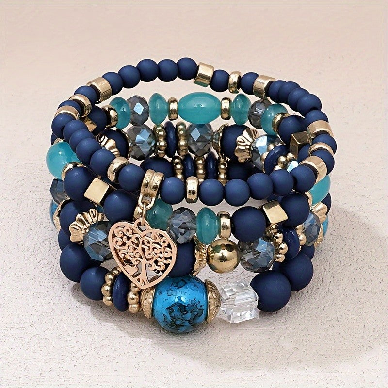 Boho Blue Bead Tree of Life Bracelet Set