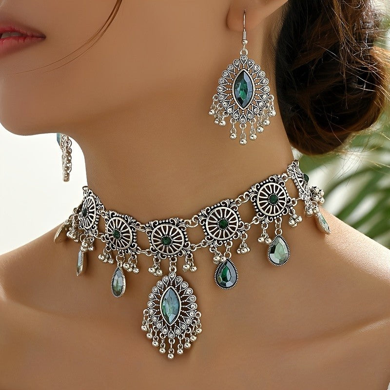 Boho Green Gemstone Choker Necklace & Earring Set