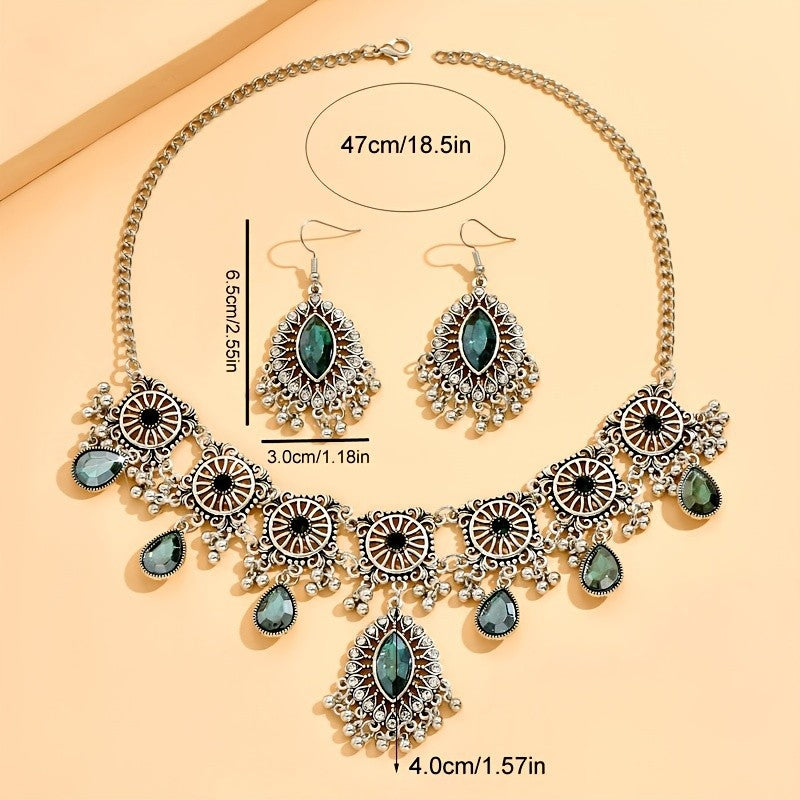 Boho Green Gemstone Choker Necklace & Earring Set
