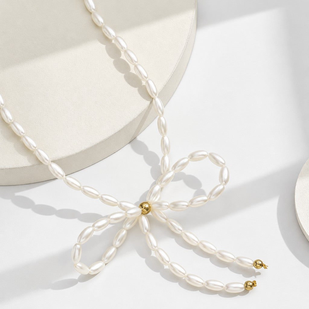 Dainty Faux Pearl Bow Necklace