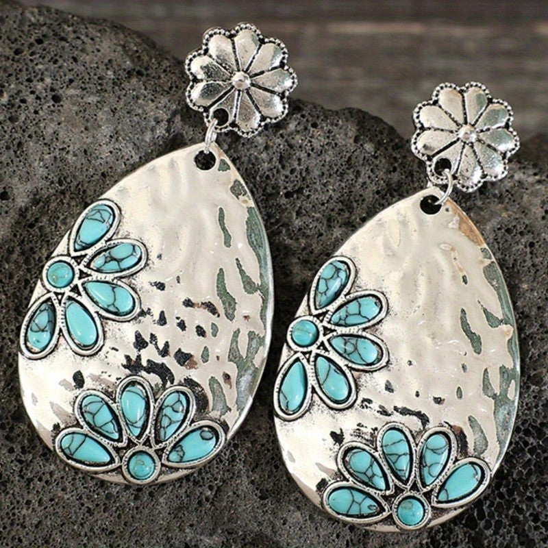 Boho Hammered Turquoise Flower Drop Earrings