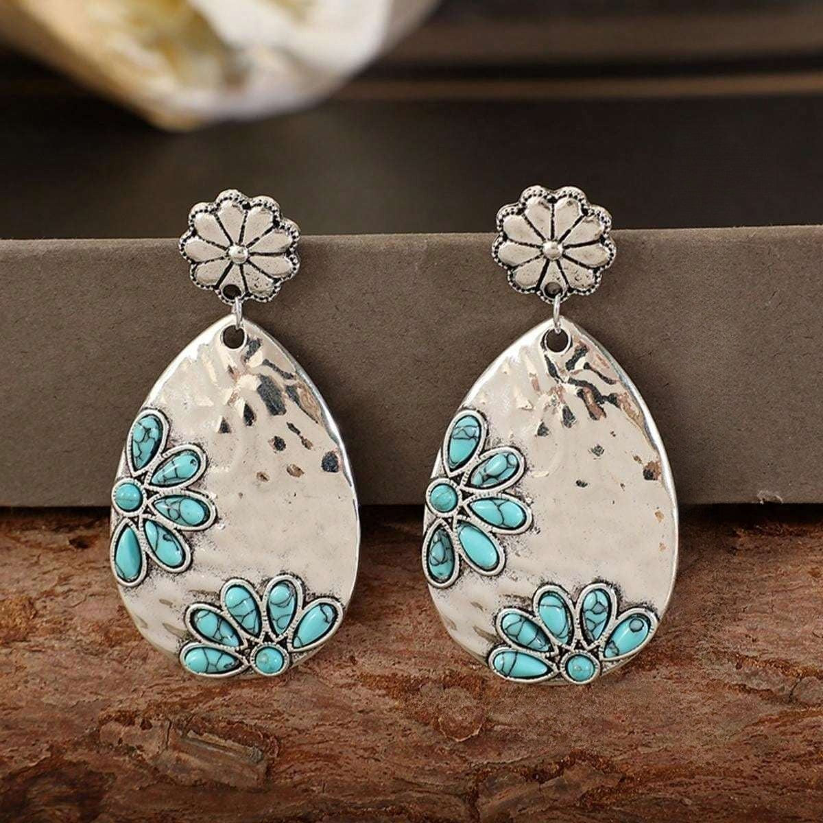 Boho Hammered Turquoise Flower Drop Earrings